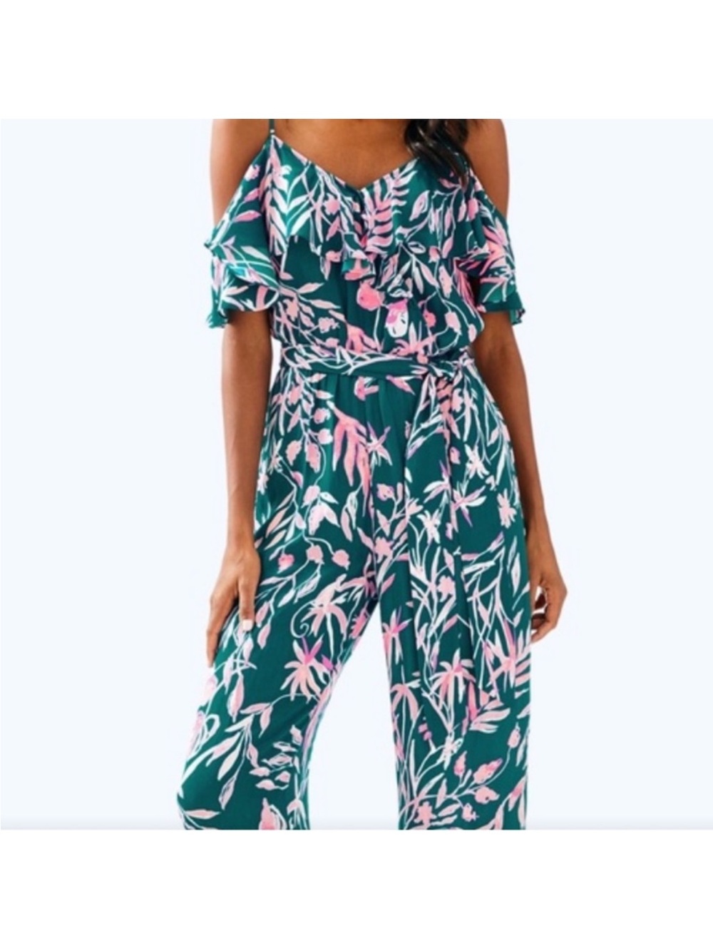 EUC Lily Pulitzer small Off-Shoulder Floral Jumpsuit in Teal and Pink